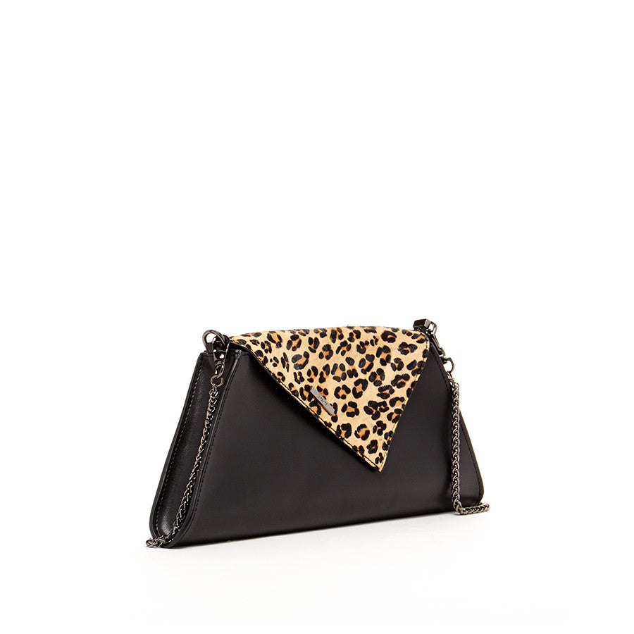 Black Leather Clutch Bag Leopard Unique Evening Purse Women's Handbag